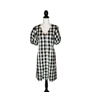 Loft Sz 12 Dress Plaid  Black White Gingham  Button Up Linen Blend Womens